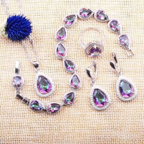 Womens Multicolor Zirconia Silver Color Wedding Jewelry Sets Necklace Pendant Earrings Rings Bracelet Russian style YZ0103