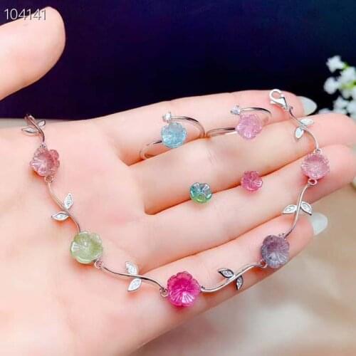 Natural Tourmaline Flower Candy Color Jewlery Sets for Women Bracelet Earrings and Ring S925 Sterling Sliver Fine Jewlery Party