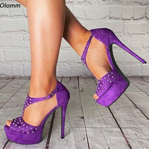 Olomm New Handmade Women Platform T-Strap Sandals Sexy Studs Stiletto Heel Peep Toe Gorgeous Red Night Club Shoes Size 5-20