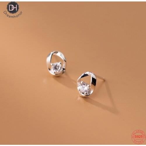 Dreamhonor Geometric 925 Sterling Silver Oval Round Single Zircon Stud Earrings For Women Wedding Jewelry