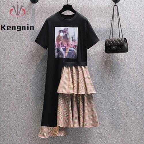 Fake Two Piece Women Dress Oversized Ruffles Patchwork Ladies Vestidos 2021 Summer Print Asymmetrical T-Shirt Dress KE1271