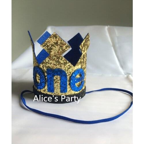 Handmade Gold Crown Hat Prince Kids Birthday Party Decorations Royal Blue ONE Cake Smash Decor Boy First Party Favors Photo Prop