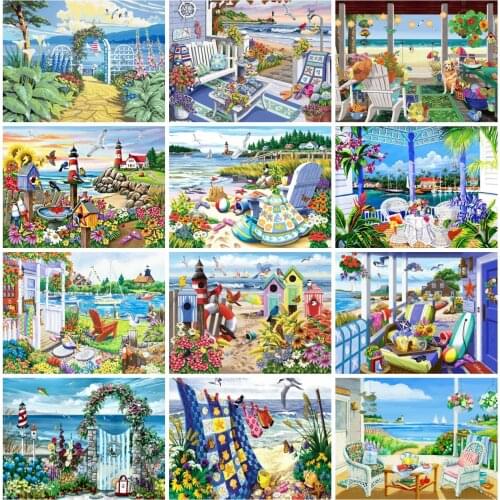 AZQSD Diy Painting By Numbers Seaside Garden House Unique Gift For Children Pictures By Numbers Landscape Canvas Art Home Decor