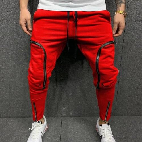 Men Pants Solid Color Drawstring Casual Multi Zippers Pockets Trousers Streetwear
