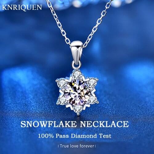 Sparkling 925 Sterling Silver 1CT D Color Moissanite Diamond Snowflake Pendant Necklace for Women Wedding Engagement Jewelry