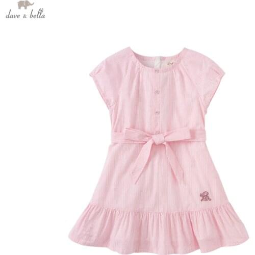 DKY17737 dave bella summer girls 5Y-13Y fashion cartoon striped bow dress children sweet dress kids infant lolita clothes