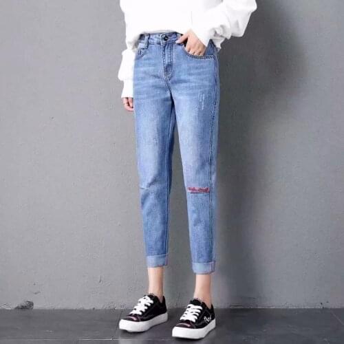 Autumn winter 2020new style embroidered jeans female students high waist Korean ripped holes straight thin ankle length pant