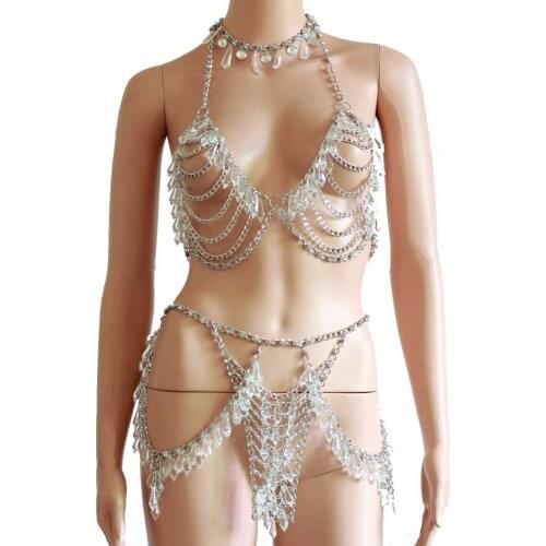 Crystal Beading Disco Exotic Tanks Crop Top Chain Sexy Mini Skirt Bodysuits Rave Bra Festival Fashion Wear Party Jewelry CRS621