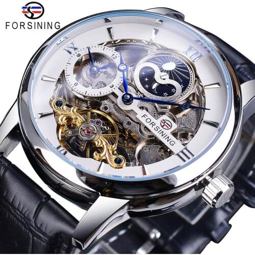Forsining Dual Time Zone Skeleton White Dial Waterproof Moon Phase Genuine Leather Band Tourbillon Automatic Mechanical Watch