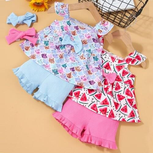 2021 Summer Newborn Infant Casual Clothes Baby Girls Sets Toddler Outfits Flower Print Sling Tops+Shorts Sets For 3-24 Month
