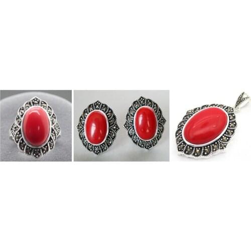 Fashion designed Red Carved Lacquer Marcasite 925 Sterling Silver Oval Ring(#7-10) Earrings & Pandent jewelry sets