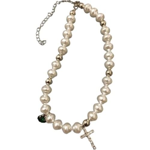Irregular Imitation Pearls Necklace Elegant Jewelry Rhinestone Cross Crystal Pendant Choker for Women