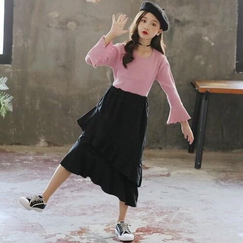 2021 Spring New Teenage Girls Cute Knitting Shirt and Ruffled Skirt Two Piece Set Children Elegant Clothing Set Fashion, #9319