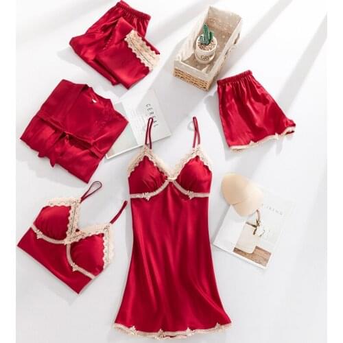 Lace Trim Women Pajamas Sets 5PCS Bride Dressing Bathrobe Gown Sexy V-Neck Nightgown Rayon Pajamas Summer Casual Home Sleepwear