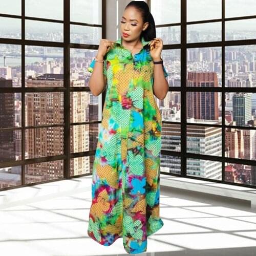 African New Style Shirt Dresses For Women 2021 High Quality Short Sleeve Turn-down Collar Maxi Vestidos Print Fashion Clothes