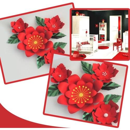 Handmade Red Easy Made DIY Paper Flowers Green Leaves Set For Nursery Wall Deco Baby Shower Girls Room Backdrop Video Tutorials