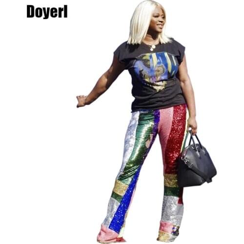 High Waist Rainbow Sequin Pants Women Casual Trousers Glitter Stretchy Straight Wide Leg Pants Club Wear Party Sparkly Pants