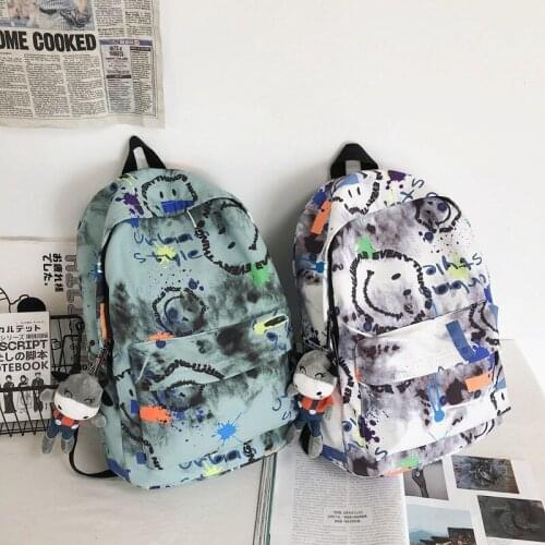 Ladies Fashion Cool Graffiti Printed Nylon Cloth School Bag Backpack Large Capacity Campus Shopping Travel Leisure Handbag