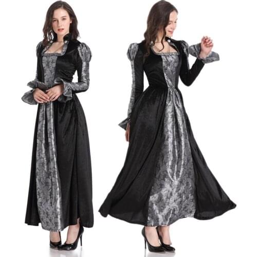 Women Black Gray Witch Dress Sorceress Cosplay Adult Halloween Masquerade Role play Party Dress