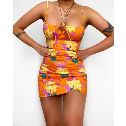 Women Floral Wrap Dresses Sexy Sleeveless Tie Up Front Ruffle Mini Dress Summer Office Lady Slash Neck Printed Pencil Dress