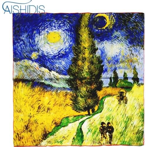 Women Silk Scarf Shawls & Wraps Van Gogh' Oil Painting Works "Road with Men Walking"
