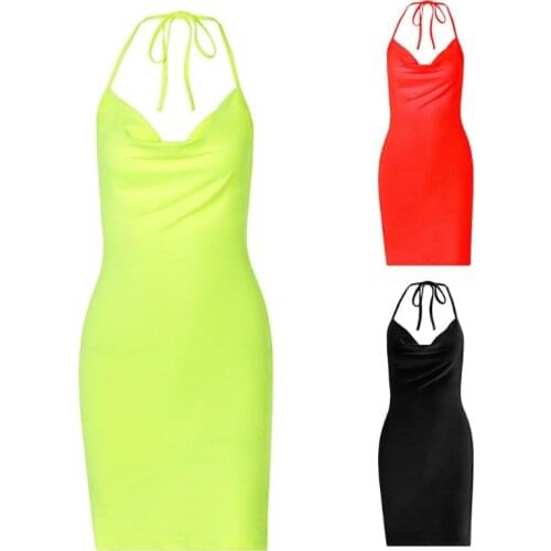 Womens Sexy Halter Deep V-Neck Backless Bodycon Mini Dress Side Split Solid Color High Waist Package Hip Party Clubwear