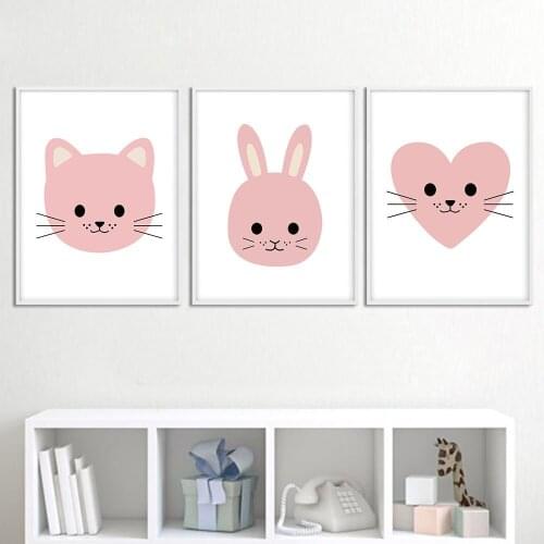 Cartoon Animal Cat Bunny Head Canvas Poster Nursery Art Print Minimalist Painting Nordic Wall Picture Kid Bedroom Decor