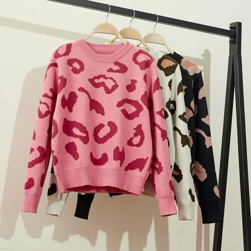 Winter 2020 Women Leopard Kintting Pullovers O Neck Casual Outwear Basic Korean Style Vintage Black