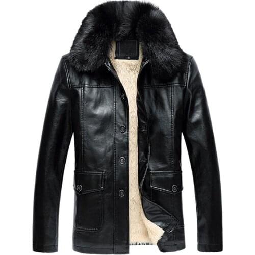 Winter plus velvet removable fur collar medium-long leather jacket men jaqueta de couro mens single-breasted coats thicken black