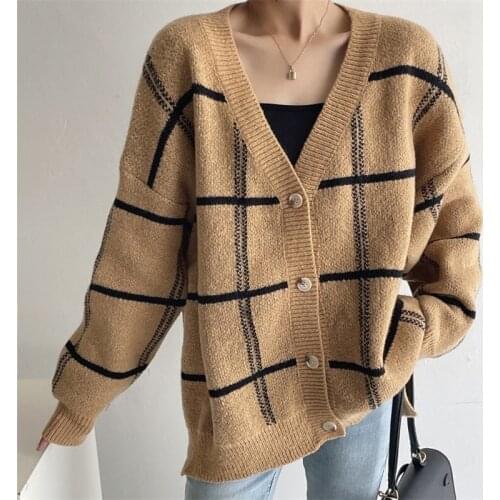 ZXQJ Women 2021 Fashion Plaid Asymmetric Cardigan Sweater Vintage V Neck Long Sleeve Female Outerwear Chic Tops