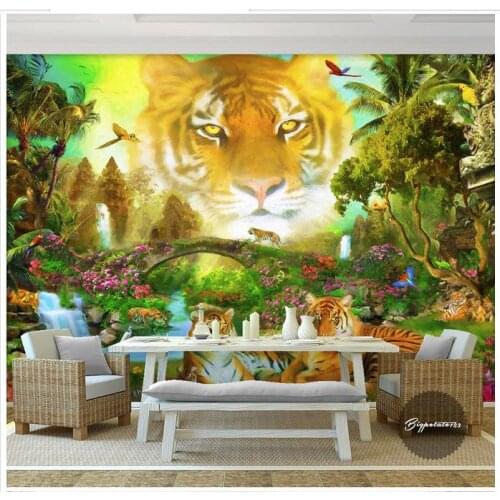 Custom 3d photo wallpaper 3d murals wallpaper wall Cute cartoon forest sky tiger head animal world children 's house painting