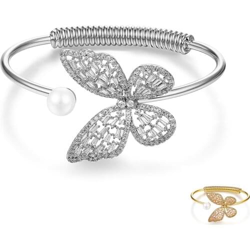 ZEMIOR Copper Bangle For Women Butterfly Pearl Romantic Open Bangle Two Color Popular Girl Jewelry Give Girlfriend Gift Hot Sale