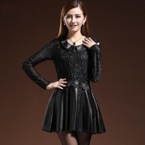 Brand 2020 New Spring Sexy Black Crochet Lace Dress Genuine Leather Pleated Mini Dresses Office Party Ladies Formal Vestidos