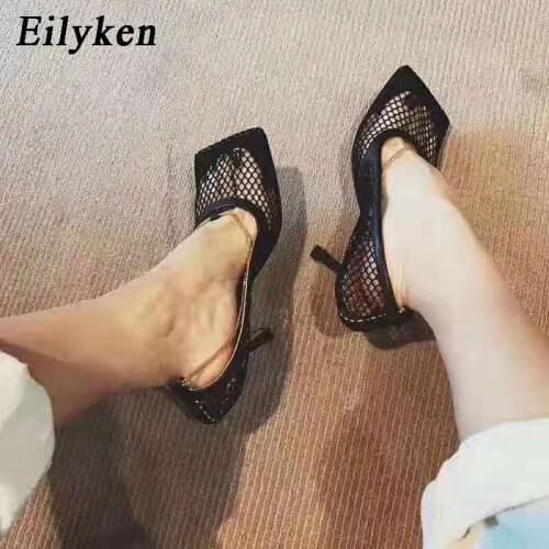 Eilyken 2021 New Autumn Sexy Mesh Pumps sandals Female Square Toe high heel Chain Stiletto hollow Pumps shoes 7CM
