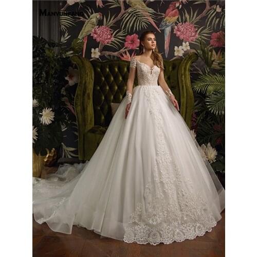 Elegant Full Sleeve Illusion O-Neck Embroidery Appliques Tulle Bridal Ball Gown High-End Lace Up Back Chapel Train Wedding Dress
