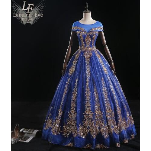 Royal blue golden sequin embroidery rococo ball gown long dress vintage medieval dress Renaissance princess Victoria dress