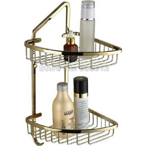 Gold Color Brass Wall Mounted Bathroom Accessory / 2 Layer Bathroom Antique Brass Shower Shelf Caddy Basket Storage Wba098