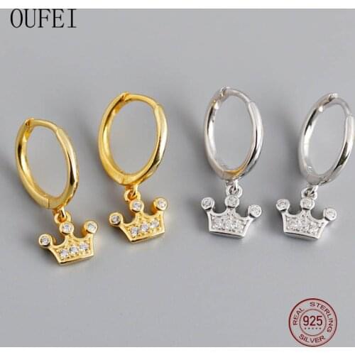 OUFEI Crown Earring Real 925 Sterling Silver Women Zircon Round Crystal Small Charm Women Earrings Jewelry Accessories
