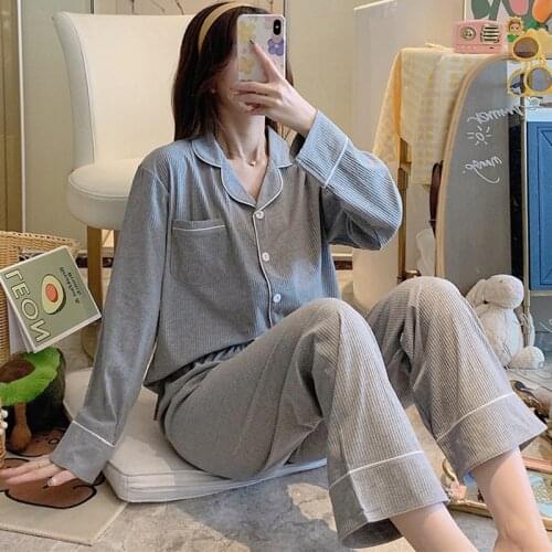 Pajamas Womens Spring Autumn Home Clothes Cotton Long-Sleeved Cardigan Lapel Casual Pyjamas Female Suit Large Size Pijama