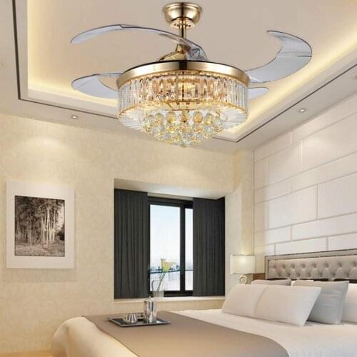 YEELED Light 42" Crystal Gold Ceiling Fan Remote 3 Colors Light/3 Speeds Retractable Fan chandeliers for Indoor Living Bedrooms