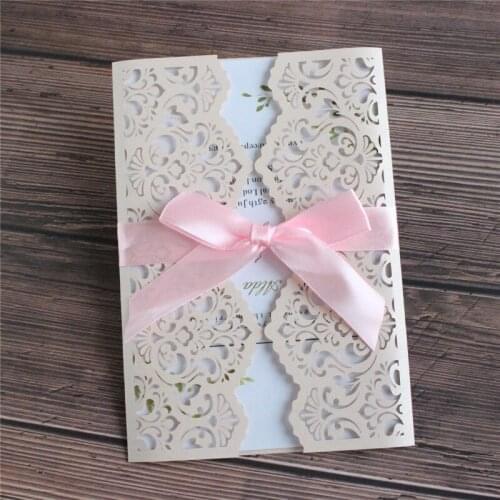 Pink wedding engagement invitation card with pink ribbon envelop personalized printing 50 sets