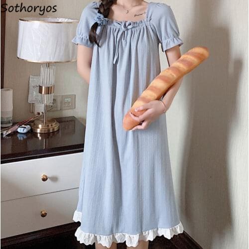 Mid-calf Nightgowns Sweet Lace Patchwork Teenagers Cozy Lace Up Short Sleeve Baggy Home Trendy Sleepshirts Fresh Females Lounge