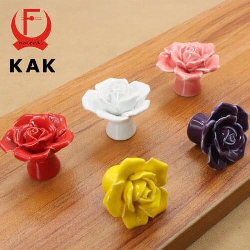 KAK Ceramic Flower Rose Drawer Knobs Rural Cabinet Cupboard handles 41mm diameter 34mm height Fashion Furniture Handles Hardware