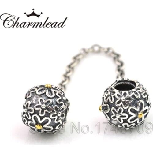 Charmlead Fits Pandora Charms Bracelet 925 Sterling Silver Bead Gold Flower Safety Chain Charm Beads DIY Bracelets for Women