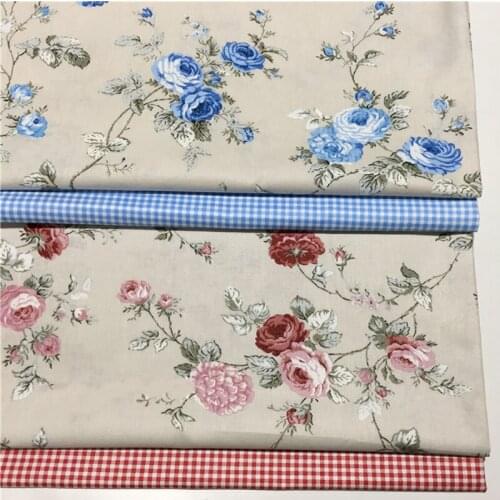 50x40cm Grey Blue & Red Blooming Peony Flower & Checked Printed 100% Cotton Fabric Floral Fabric patchwork DIY Sewing Small Piec
