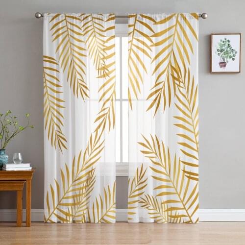Tropical Leaves Golden Palm Leaves Tulle Curtains for Living Room Bedroom Modern Kitchen Sheer Curtains for Voile Curtain