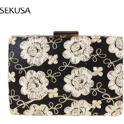 Vintage Flower Embroidery Small Day Clutch With Chain Shoulder Handbags Golden Metal Printed Floral Evening Bags