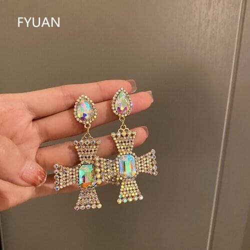 FYUAN Shine Colorful Rhinestone Earrings for Women Oversize Cross Dangle Earrings Statement Jewelry
