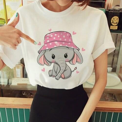 Elephant Watercolor Women Cartoon Fashion Cute Print Graphic Summer Short Sleeve Female Clothes Tops Tees Tshirt T-Shirt