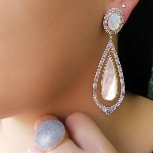 Luxury Natural Freshwater Mother Pearl Shell Long Large Earring Gold Color Big Water Drop Dangle Earrings women fashion jewelry